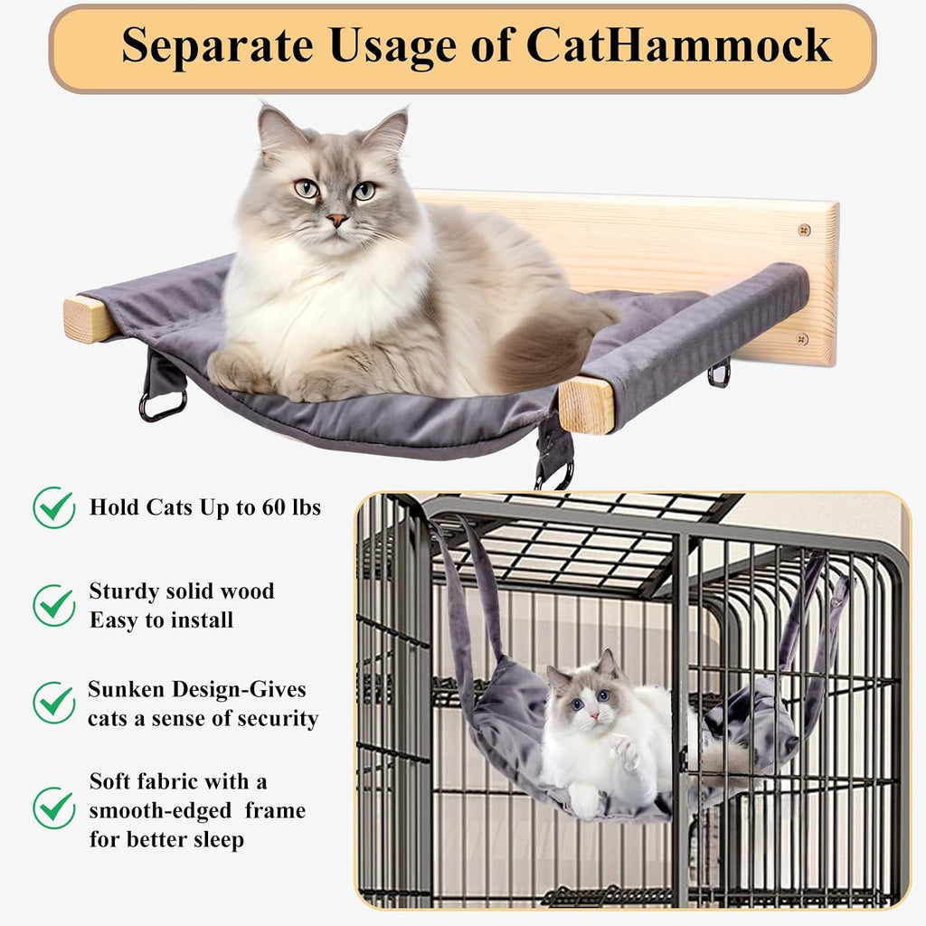 JSPYFITS Wooden Cat Furniture Wall Mounted, Double Layer Hammock, Large Size 18.9″ Removable Multi-Function Cat Bed for Sleep/Play/Climb, Kitten Window Perch, Easy DIY Installation(Grey)