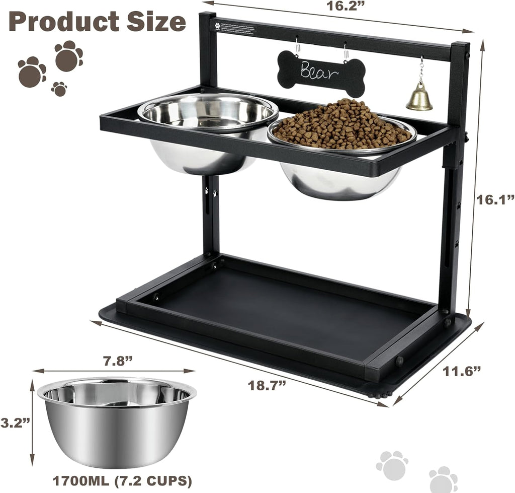 Elevated Dog Bowls with Slow Feeder for Large and Medium Dogs, Adjustable Height Raised Dog Bowl Stand with 2 Stainless Steel Bowls and Spill-Proof Mat, Dog Feeder for Healthy Eating (Grey)