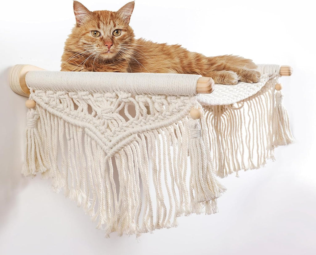 Macrame Cat Wall Shelves & Hammock - Comfy Cat Beds with Window Perch for Indoor Cats, Sleeping & Climbing, Cotton Rope, Natural Wood, Maximum Hold up to 30lb, Beige White