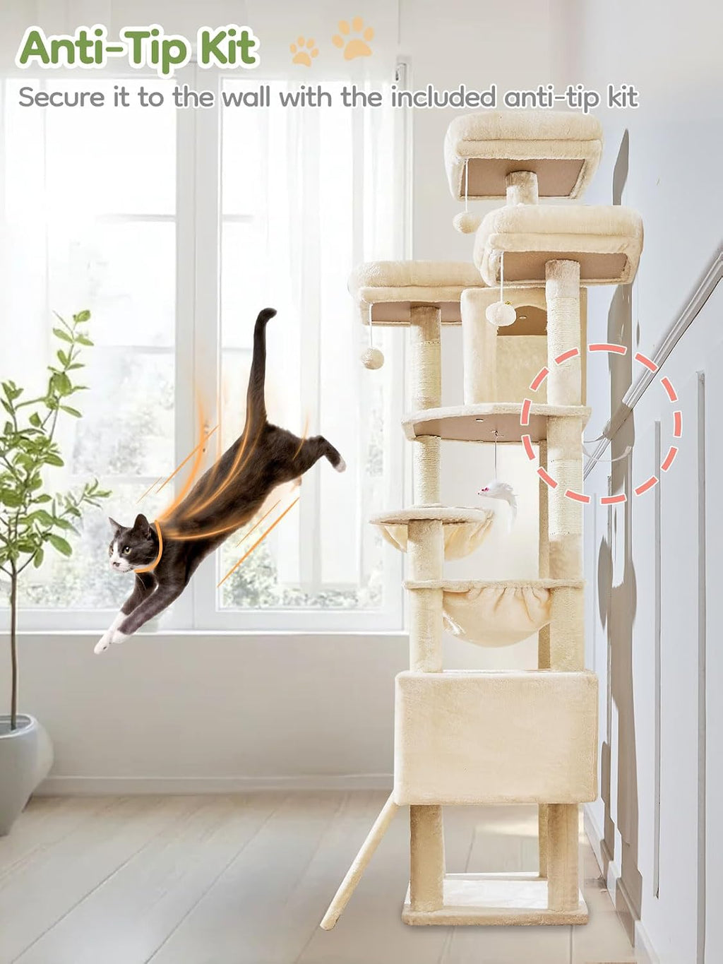 Taoqimiao Tall Cat Tree, 76In XL Cat Tower for Large Cats, 3 Padded Perches