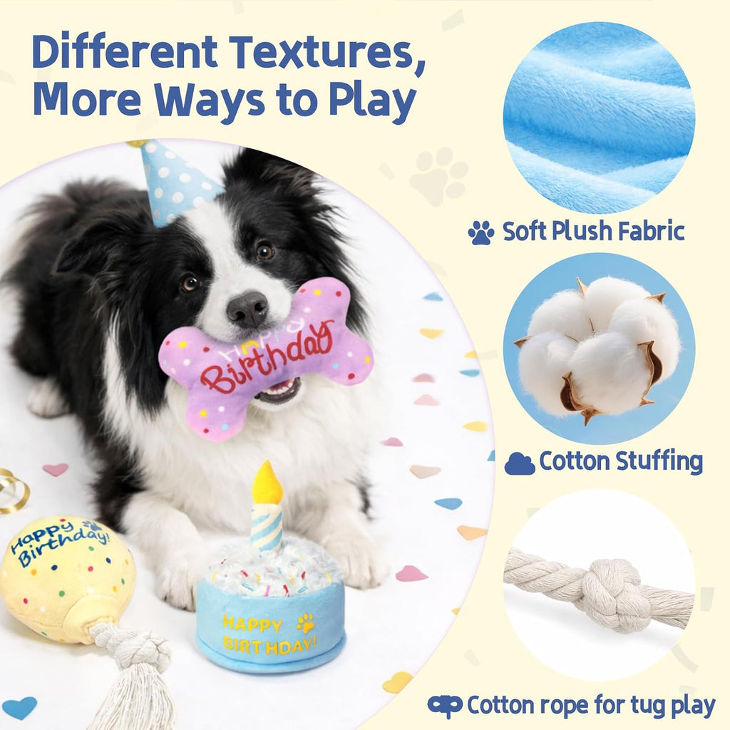 3-Pack Dog Birthday Toys | Crinkle Cake Toy, Rope Balloon and Squeaky Bone, Birthday Gift Set, for Small and Medium Dogs