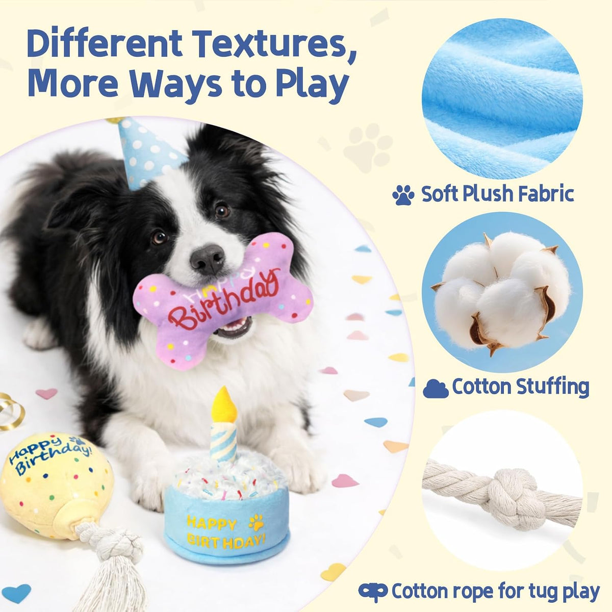 3-Pack Dog Birthday Toys | Crinkle Cake Toy, Rope Balloon and Squeaky Bone, Birthday Gift Set, for Small and Medium Dogs