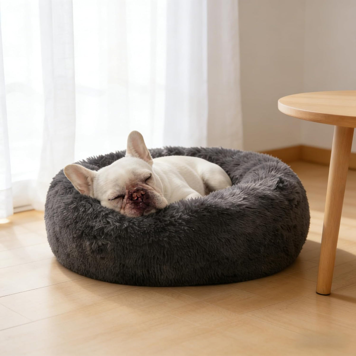 SAVFOX 23 inches Calming Donut Dog Bed - 3X Durable Plush Faux Fur, Machine Washable & Non-Slip, Fits up to 25 lbs, Dark Grey