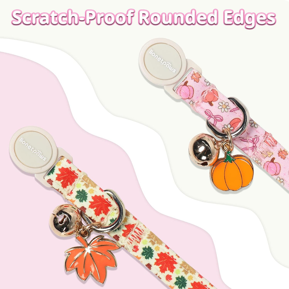 LIONET PAWS 2 Pack Breakaway Cat Collars, Cute Soft Cotton Fall Pink Floral Pumpkin & Maple Leaves Kitten Collars with Bell & Charm for Boy Girl Cats