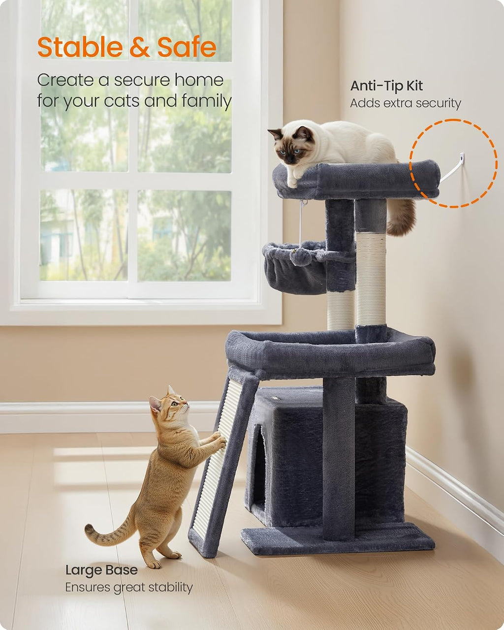 Feandrea Cat Tree, 33.8" Cat Tower, Scratching Posts and Ramp, Dark Gray