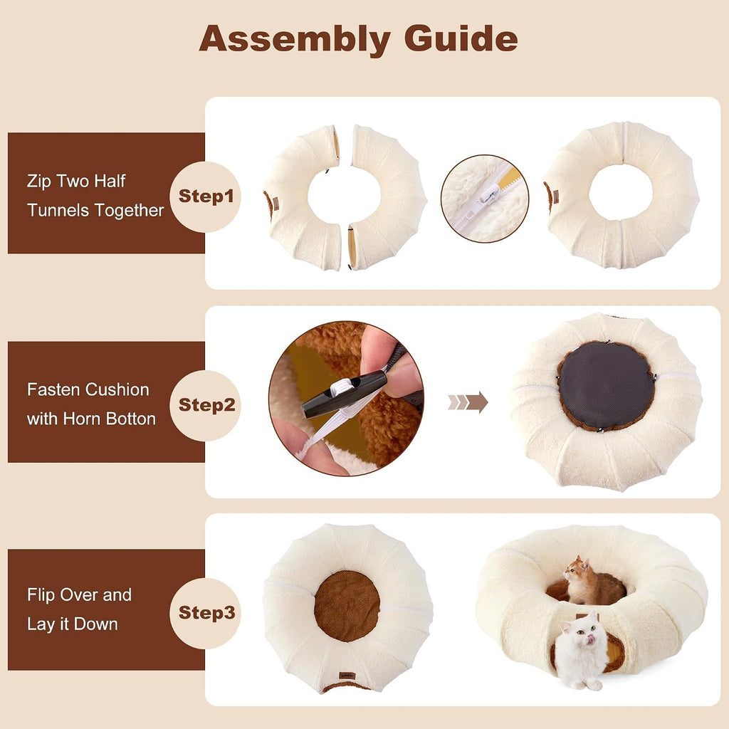 ZOMISIA Cat Tunnel Bed for Indoor Cats, Donut Peekaboo Play Tunnel, Brown