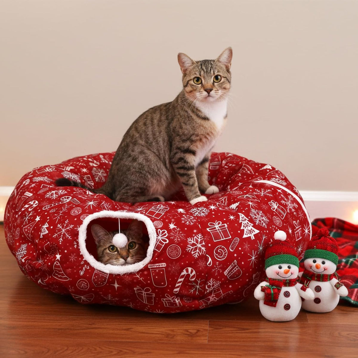 Cat Tunnel Christmas Tree Skirt Cat Donut Tunnel Bed, Gift Box