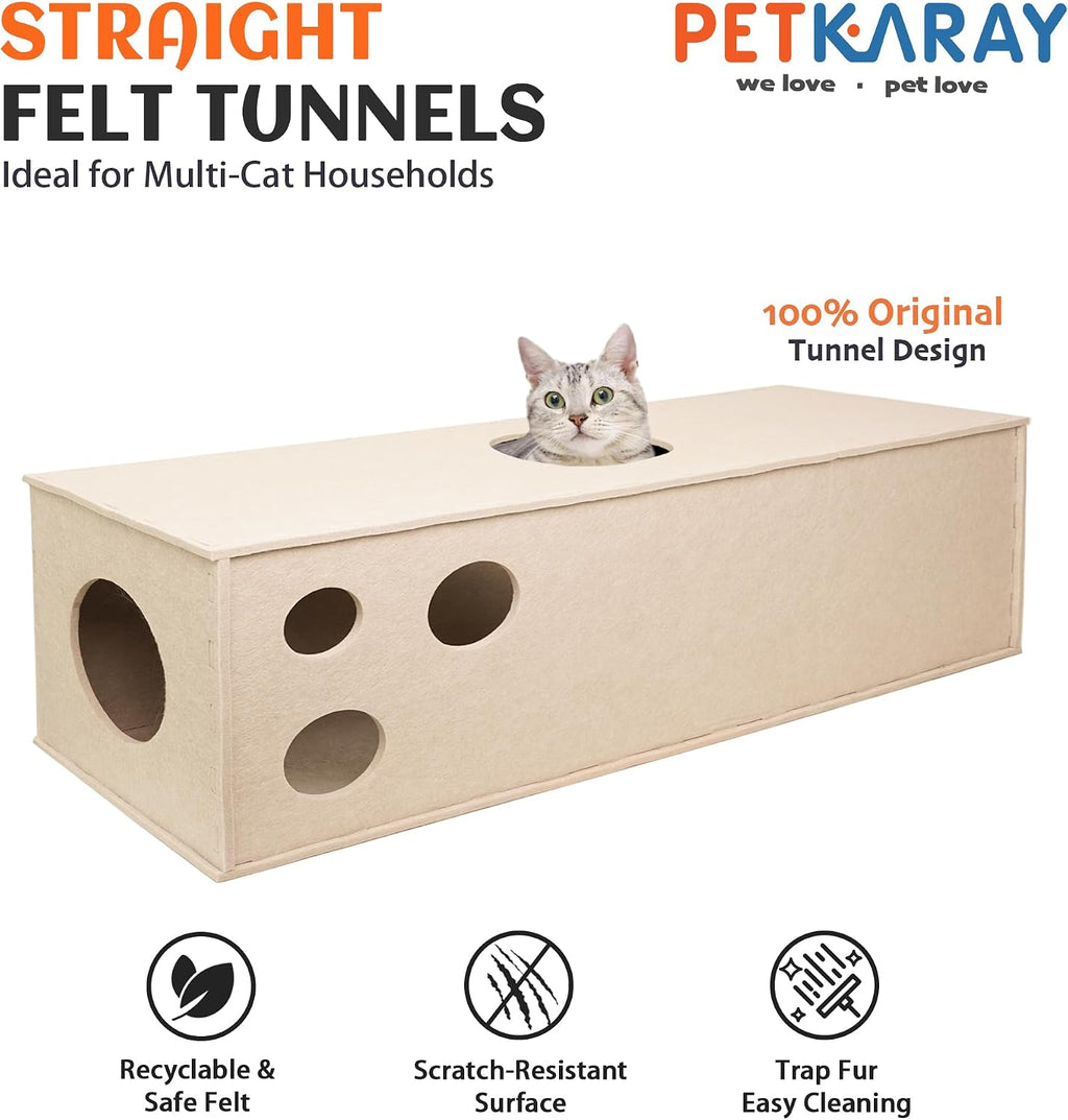PETKARAY Cat Tunnel, Original Cat Hideaway Cave for Indoor Cats, Large Kitten Play Tubes and Tunnels, Soft Felt Cat Toy with Interactive Peek Hole, Beige Straight