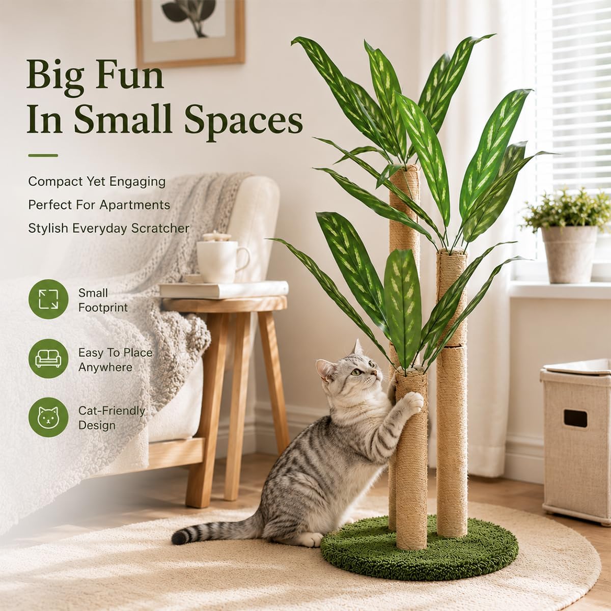 LEMONDA 31.5Inch Cat Scratching Post,Cat Scratcher Tree with 3 Scratching Poles & 2 Interactive Dangling Balls,Cats Scratching Posts for Indoor Kitten & Adult Cats (Calathea Tree)