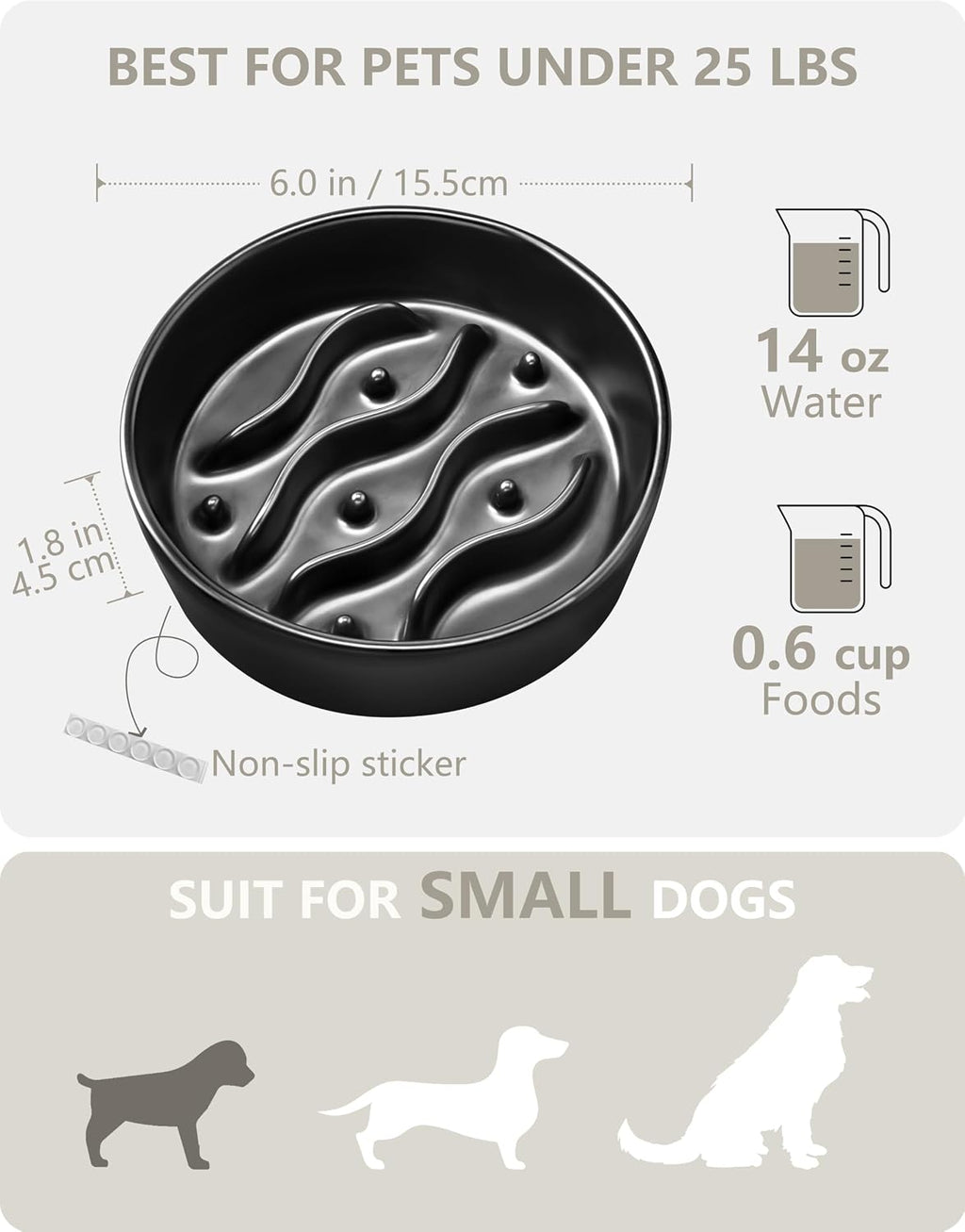Ceramic Slow Feeder Dog Bowls for Small Dogs, 0.6 Cup Dog Slow Feeder for Fast Eater, Puzzle Maze Bowl, 14oz, 6in, Black