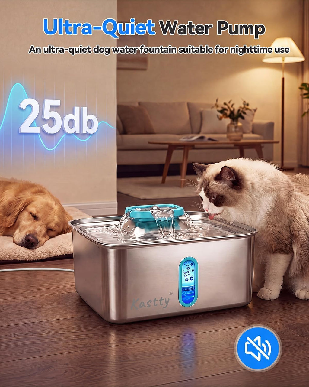 Kastty 4Gal/15L Large Dog Water Fountain, Stainless Steel Pet Water Fountain with Water Level Window and LED Light, Ultra Quiet Dog Water Bowl Dispenser for Large Dog, Easy to Clean(FS78, Blue)