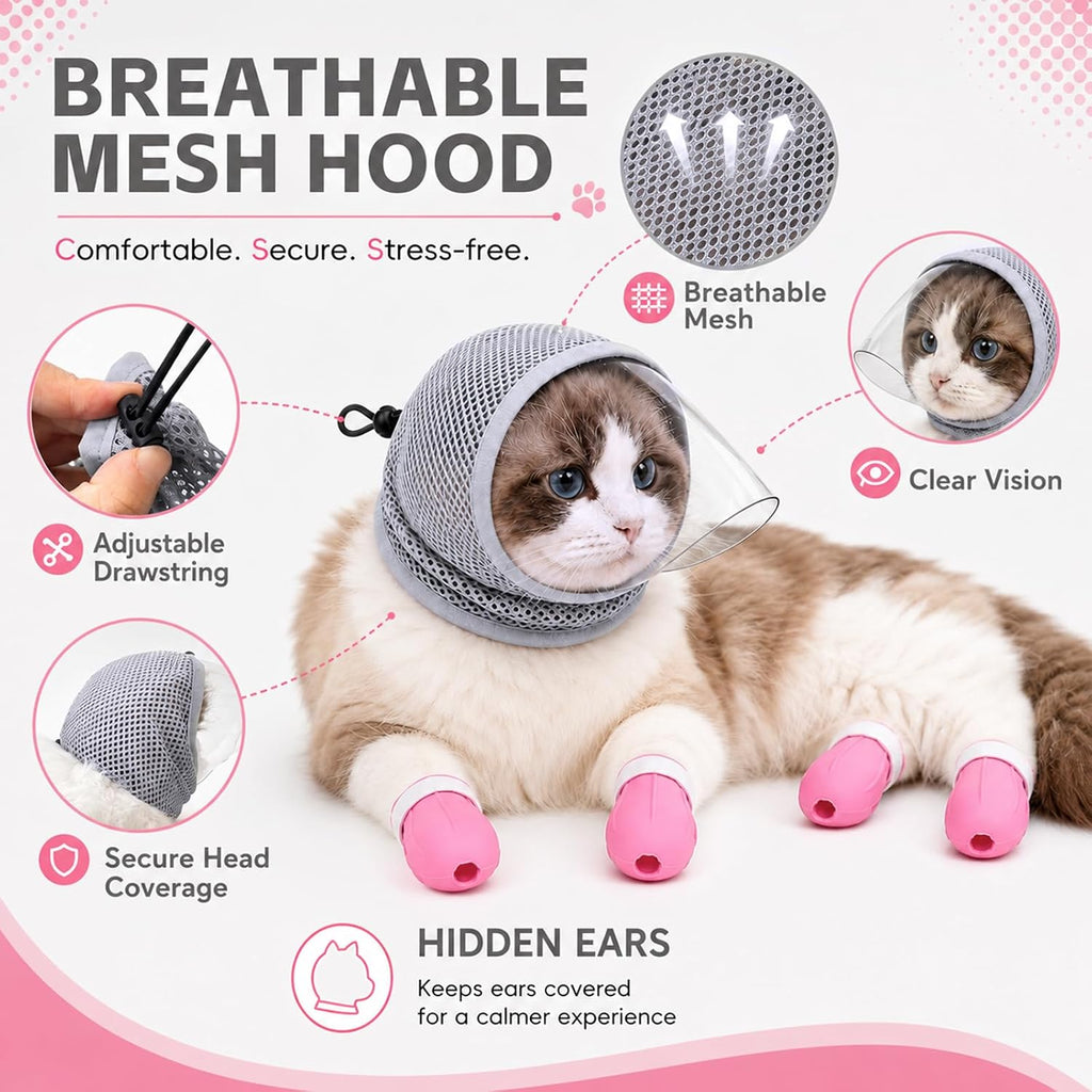 Cat Muzzle for Grooming with 4 Claw Cover, Breathable Cat Helmet for Biting