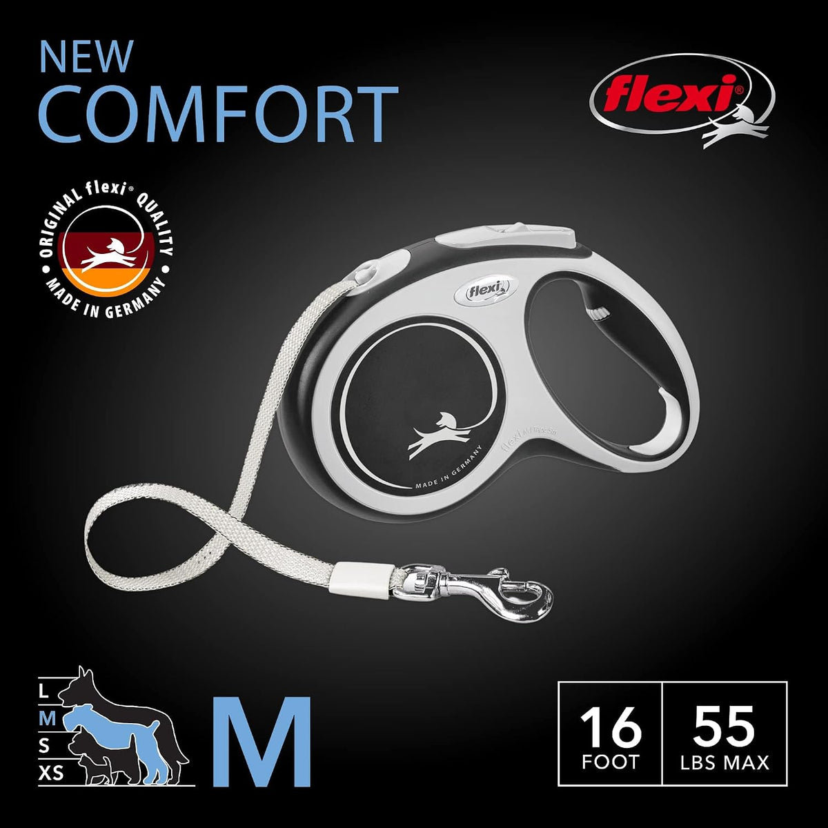 FLEXI® Comfort Tape Retractable Dog Leash, Medium, 16 ft - Grey/Black