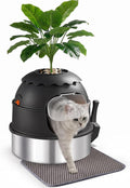 Hidden Litter Box, Stainless Steel Litter Box with Faux Plant Decor, Litter Box Enclosure with Clear Front Door, Includes Scoop & Litter Mat, Odor Control, Easy to Clean (Black)