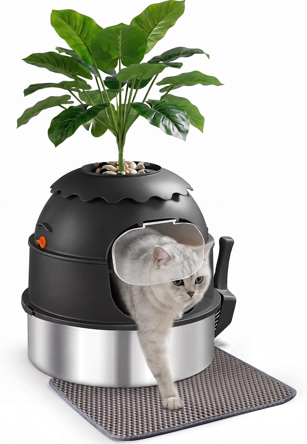 Hidden Litter Box, Stainless Steel Litter Box with Faux Plant Decor, Litter Box Enclosure with Clear Front Door, Includes Scoop & Litter Mat, Odor Control, Easy to Clean (Black)