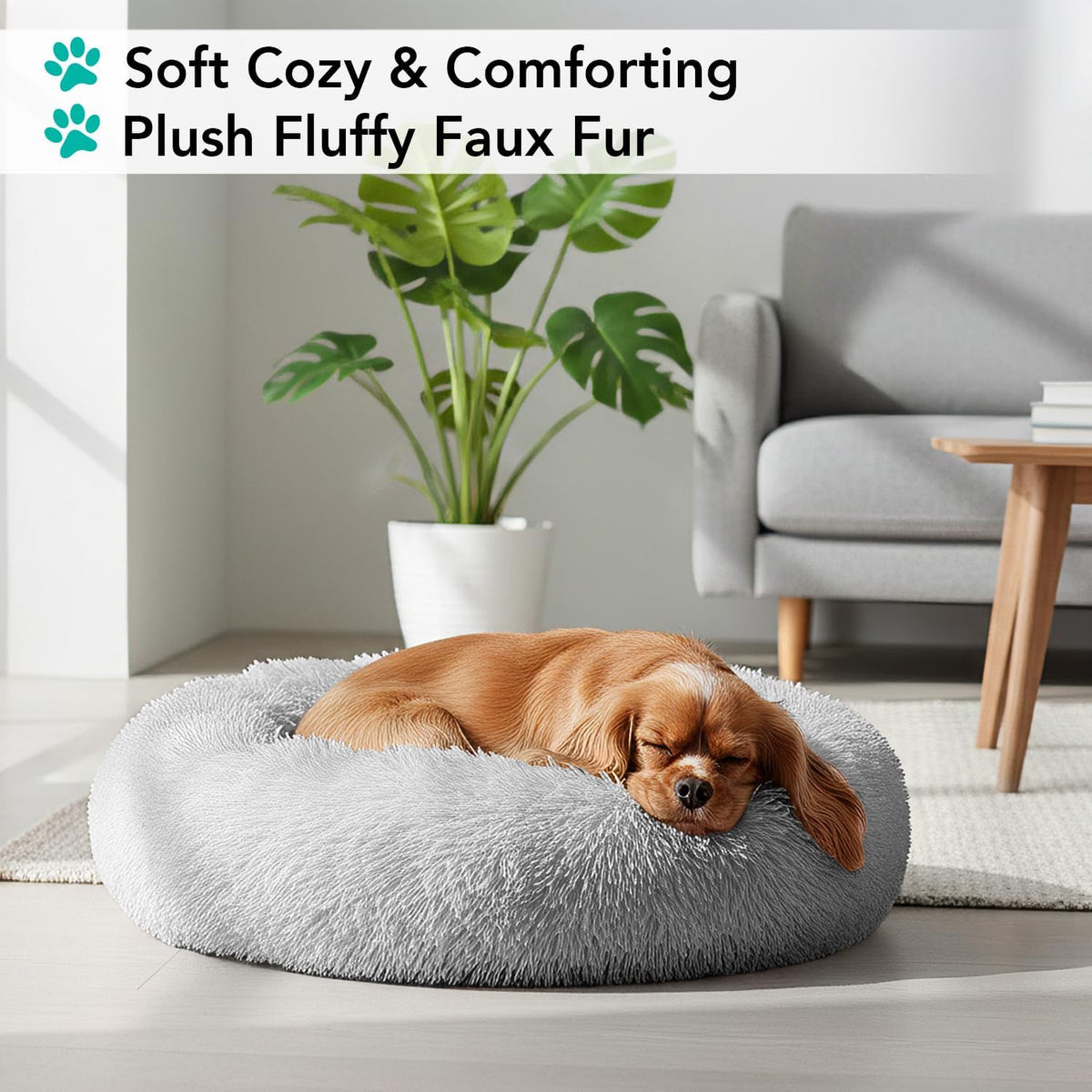 PetAmi Calming Donut Dog Bed, Washable Faux Fur, 23 Inch Small, Light Grey