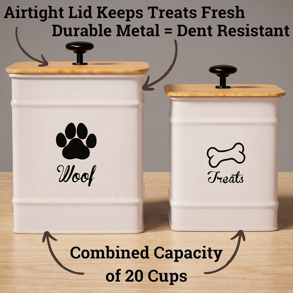 Dog Treat Container Set of 2 with Airtight Bamboo Lids - 8x6 & 7x5 inch | Fits All Popular Treats, Up to 20 Cups Combined Capacity, Airtight Bamboo Lid, Easy Open Lid, Dent-Resistant Durable Metal