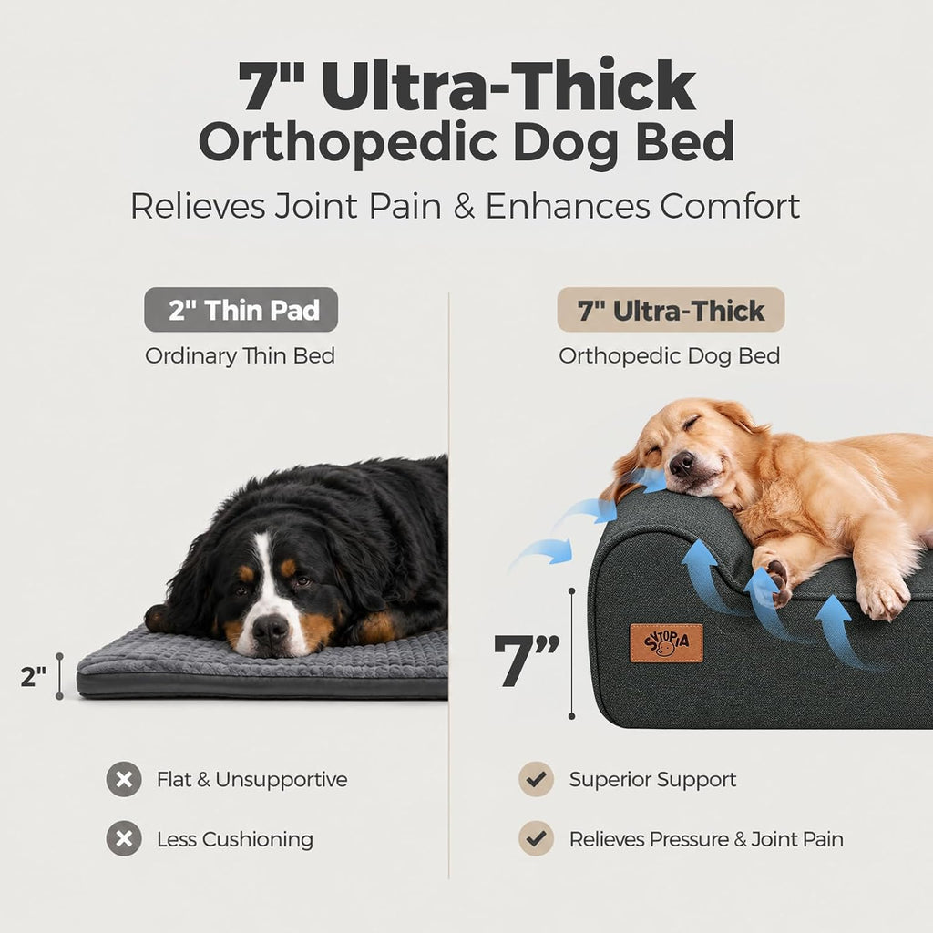 Sytopia 7" Thick Orthopedic Dog Beds for Extra Large Dogs (50" x 34" x 7"), Chew Proof Fabric Cover, 35D Memory Foam Dog Beds with Durable Waterproof Liner & Removable Washable Cover, Black