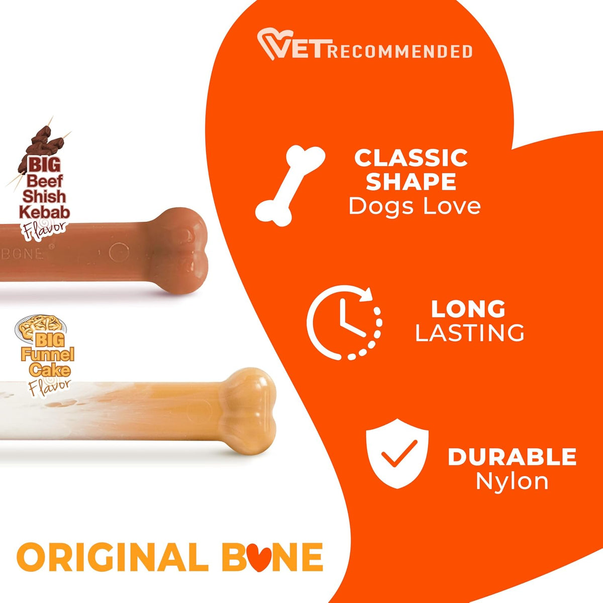 Nylabone Power Chew Original Bone Dog Chew Toys, Large, 2 Count | Funnel cake and shish kabob flavors, durable chew toys, discourages destructive chewing, for dogs up to 50 pounds