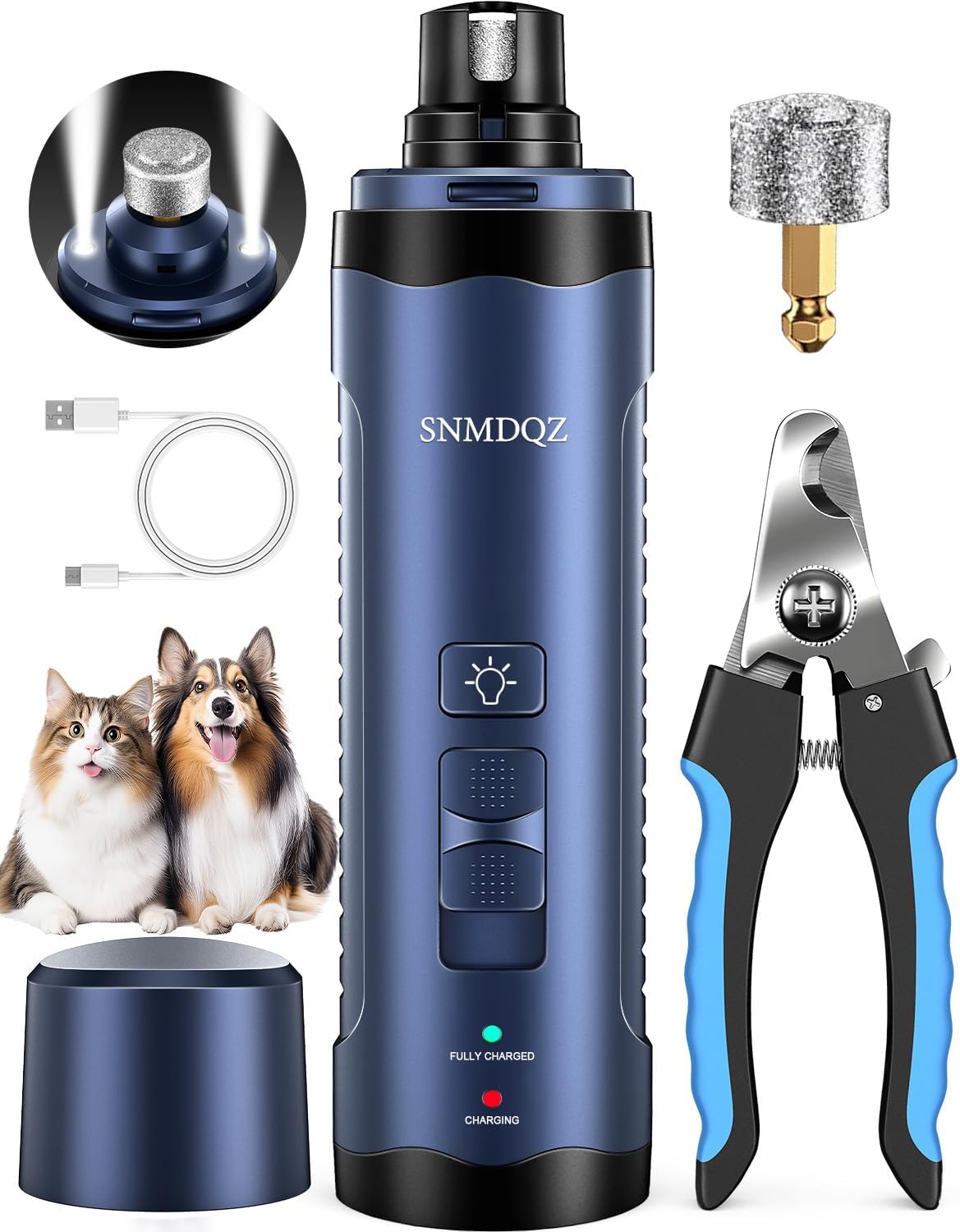 Dog Nail Grinder, Dog Nail Trimmers, and Clippers Kit with 2 LED Lights. Super Quiet Electric Pet Nail Grinder, Rechargeable, for Small, Medium, and Large Dogs & Cats, 2 Diamond Grinding Wheels.