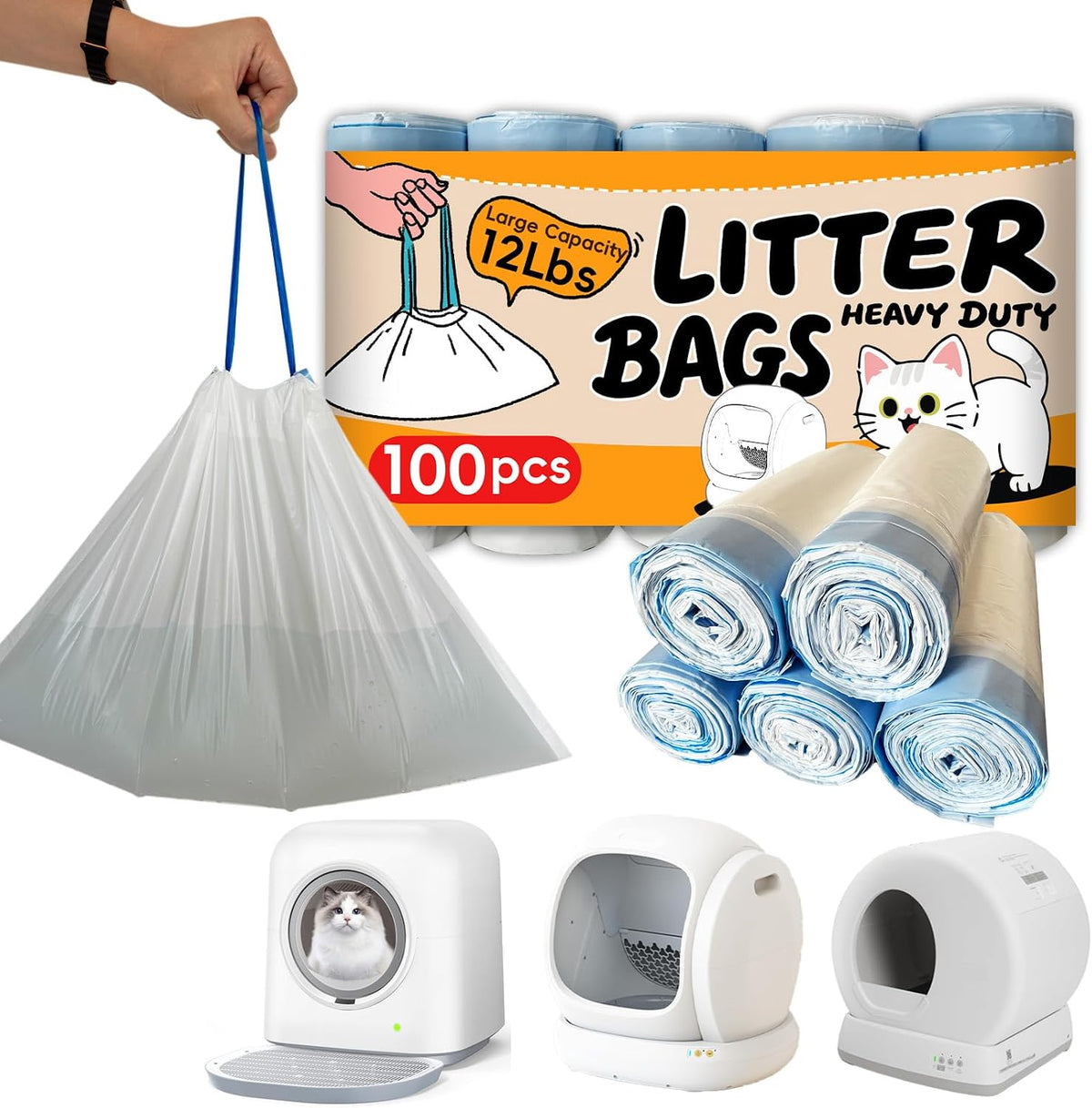 100 Counts Cat Litter Box Liners Bag Fit For MW-SC01/MW-SC02/MW-LR01 Automatic Self Cleaning Cat Litter Box, Waste Bags, 18" x 12.6"Heavy Duty Replacement Trash Bags with Drawstring