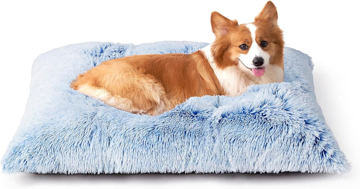 EHEYCIGA Fluffy Dog Crate Bed for Large Dogs, Plush Faux Fur Pad, Blue