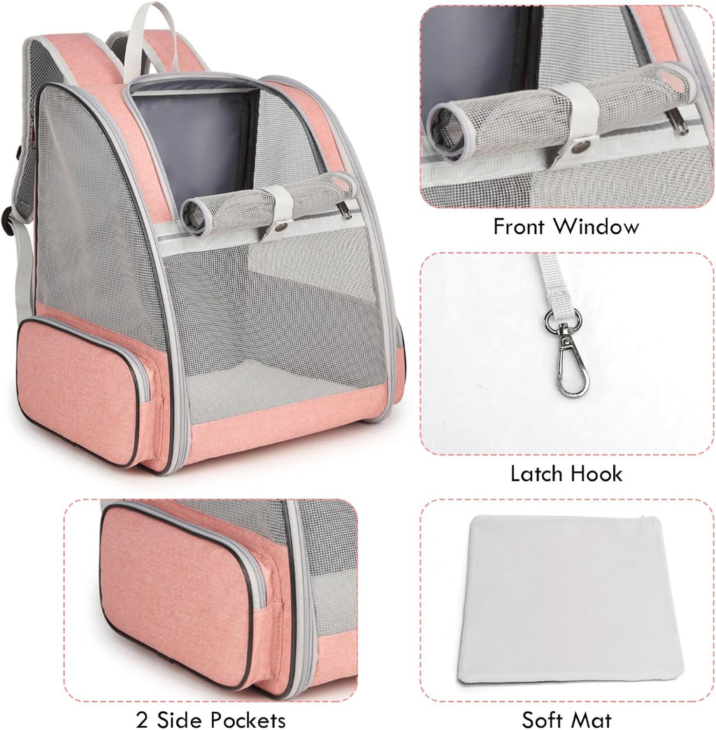 Cat Backpack Carrier, Small Dog Carrier Backpack with Fully Ventilated Mesh, Kitten Wand Feather Toy & Safety Leash, Collapsible Travel Hiking Pet Carrier for Small Dogs Cat Puppy Kitten Bunny (Pink)