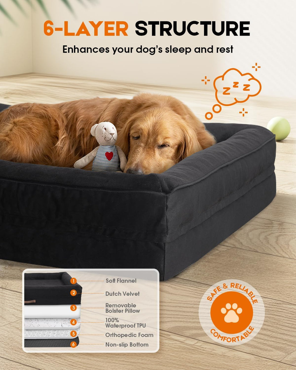 Upvilla Orthopedic Dog Bed, Four-Sided Medium Dog Sofa,Washable Cover Black