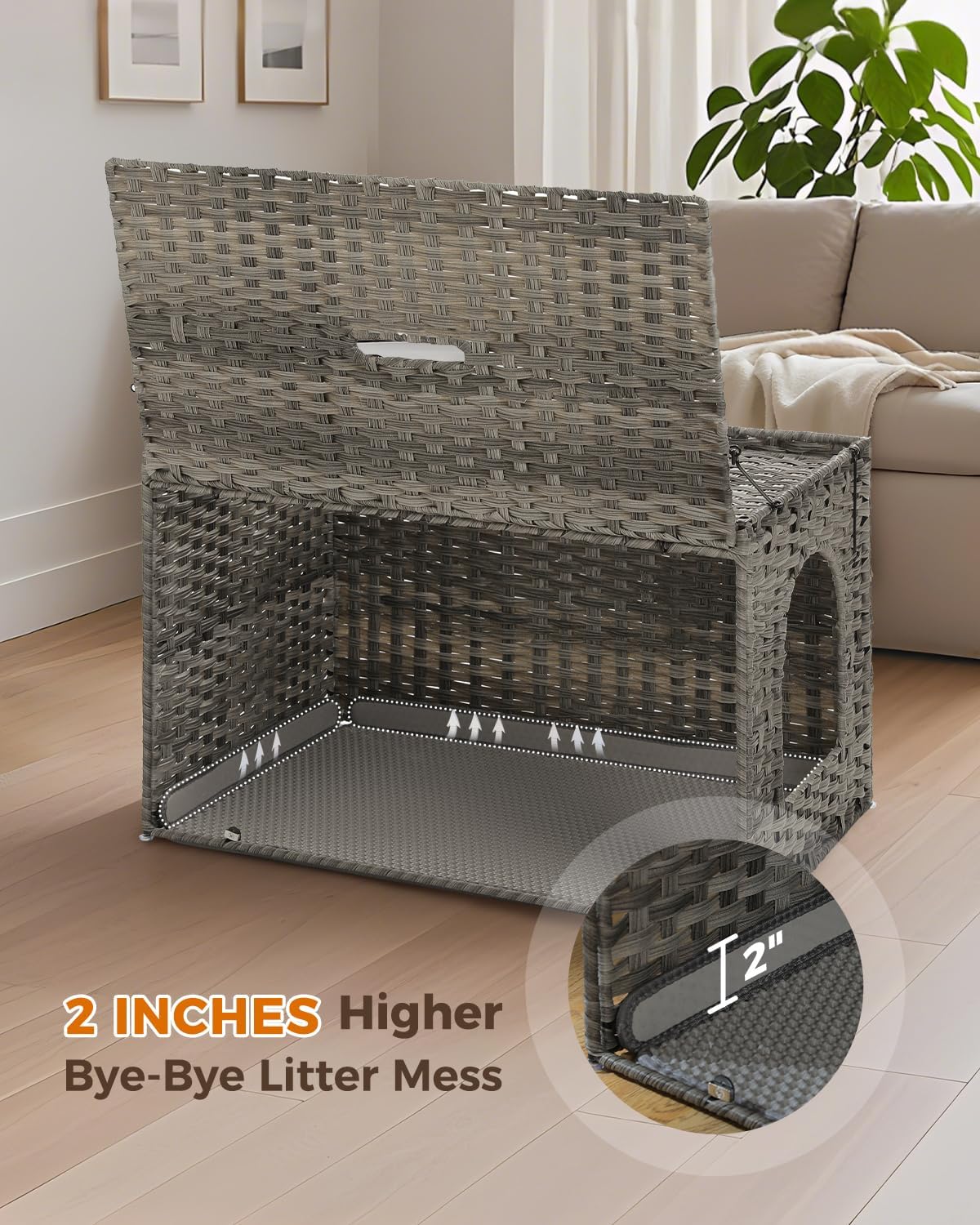 MUTTROS Rattan Cat Litter Box Enclosure, XL, Gray