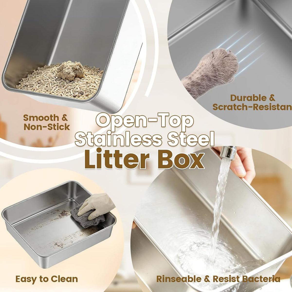 Stainless Steel Small Cat Litter Box, 11.8" High Sides, Low Entry | Non-Stick Surface for Easy Scooping, Odor-Resistant Stainless Steel, Anti-Leak Design, Compact Size for Small Spaces
