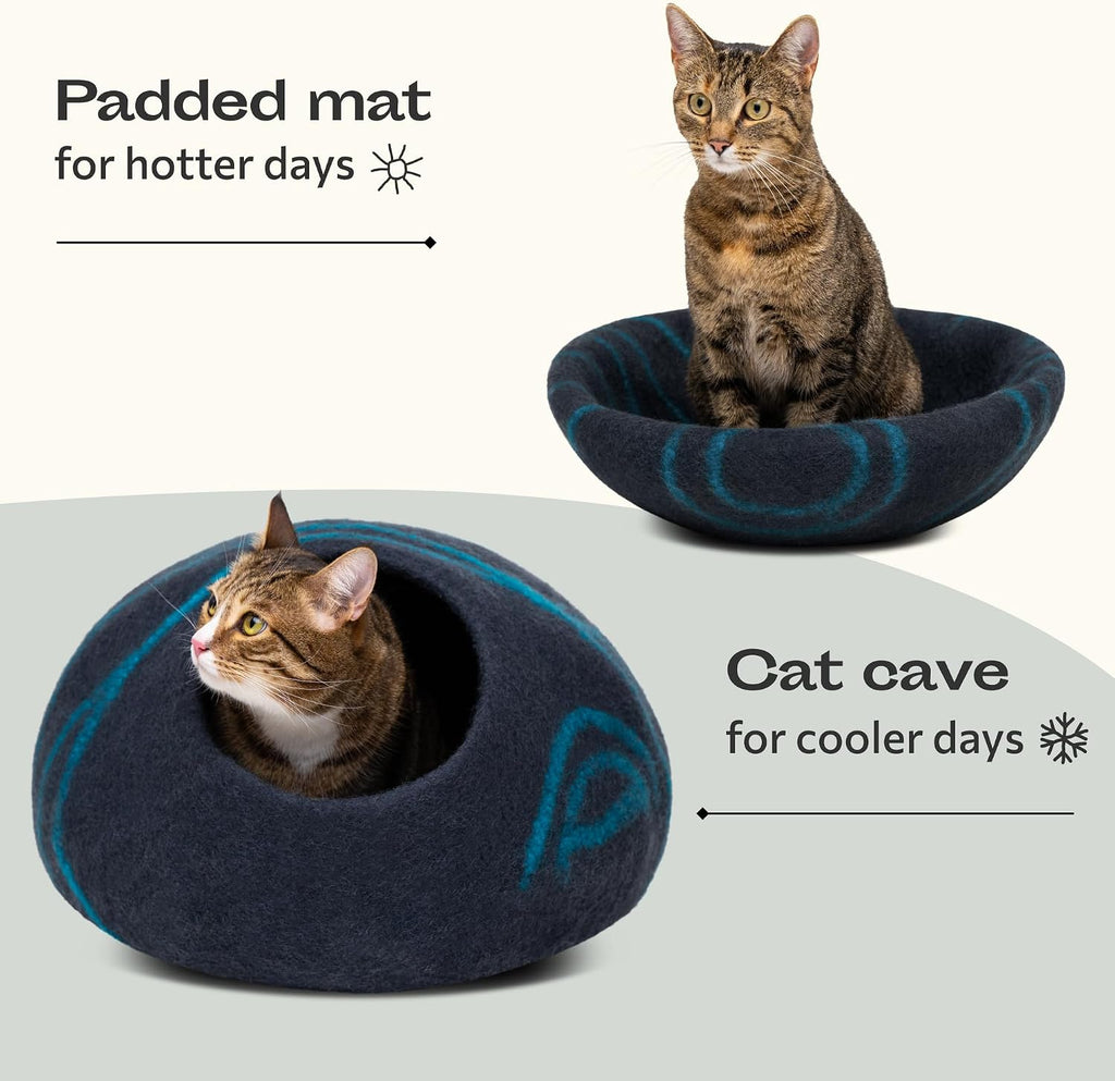 MEOWFIA Cat Cave - New Zealand Wool Bed for Indoor Cats (Black Aqua)