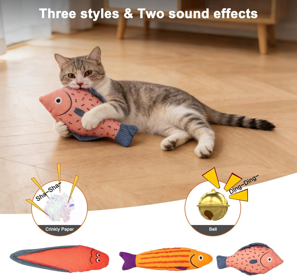 Catnip Fish Toys for Cats - 3 Pack 7.48 Inch Interactive Cat Toys with Crinkle & Bell Sounds, 4500mg Premium Natural Catnip, Durable Linen Kicker Toys for Indoor Cats & Kittens