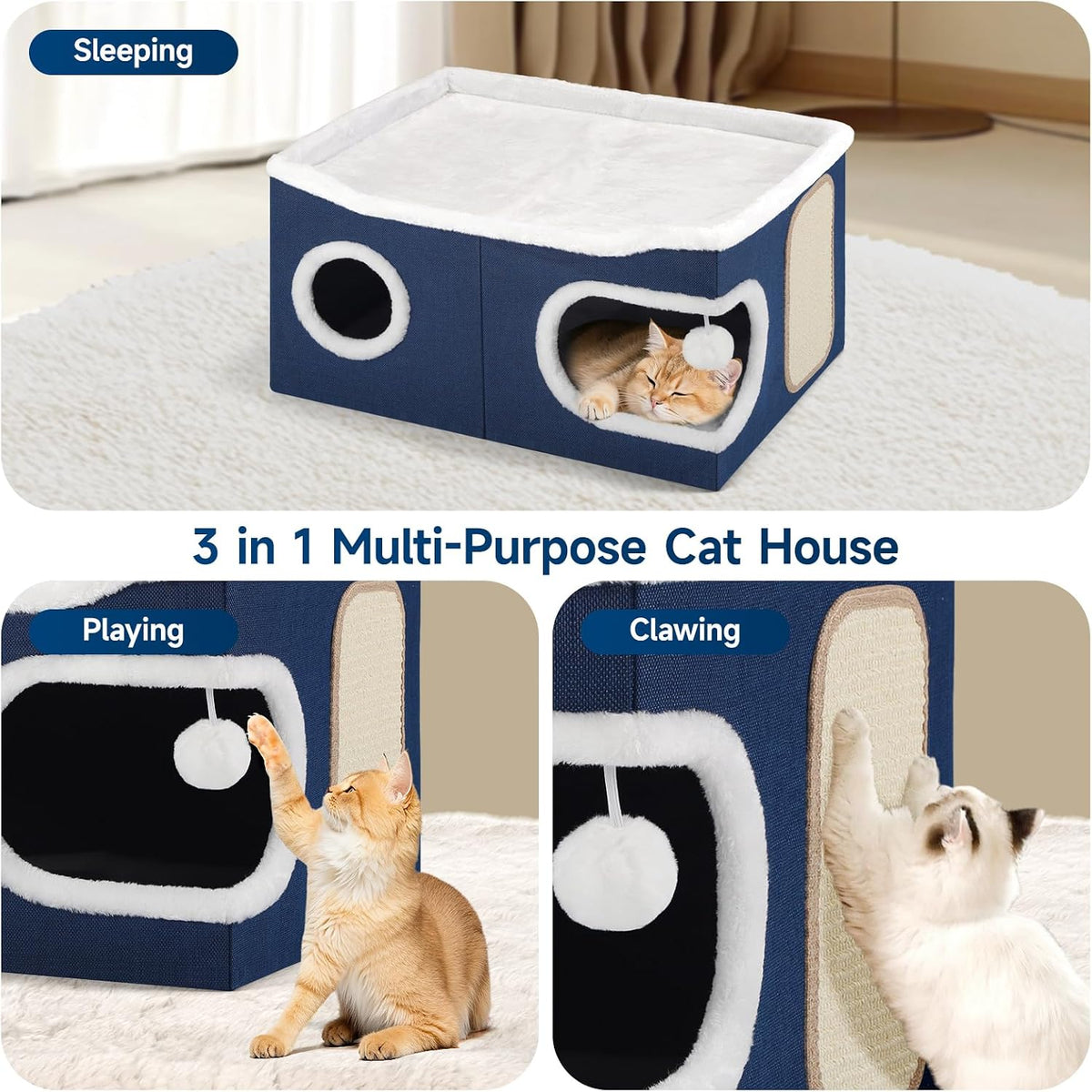 Shikha Extra Large Cat House Bed for Multi Cats with Scratch Pad Blue