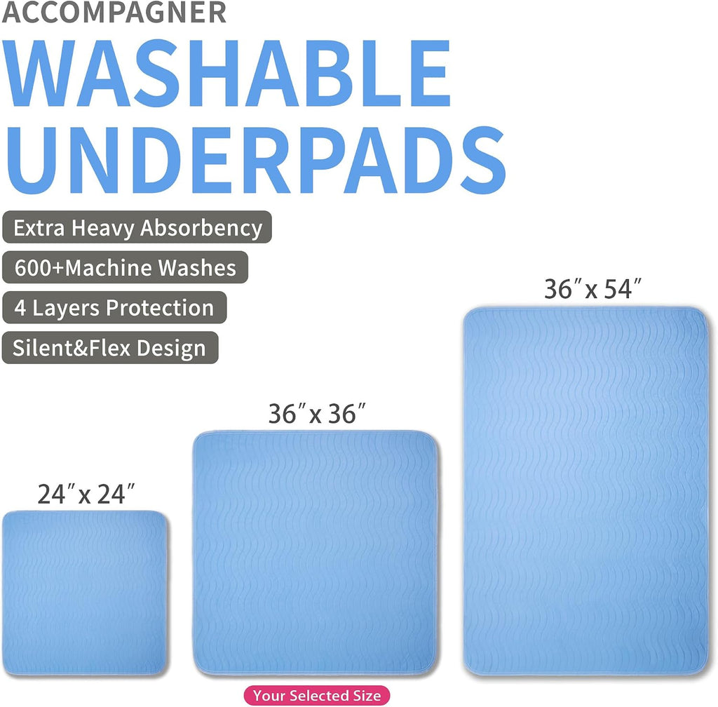 Accompagner Incontinence Bed Pads Washable Waterproof, Ultra-Absorbent Reusable Underpads for Diaper Changing, Nursing, Bedridden, Adults, Seniors, Kids and Dogs (Blue, 36"x36"(Pack of 4))