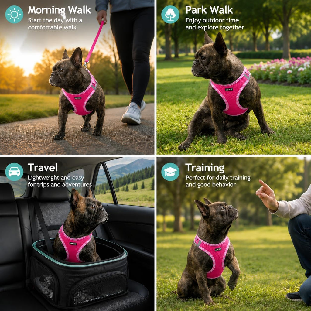 AMTOR Small Dog Harness with Leash Set, No Escape Easy Walk Puppy Harnesses for Training Walking, Step-in Reflective Soft Dogs Vest for XS S Medium Extra-Small Large Sized Dog(Fuchsia,XL)