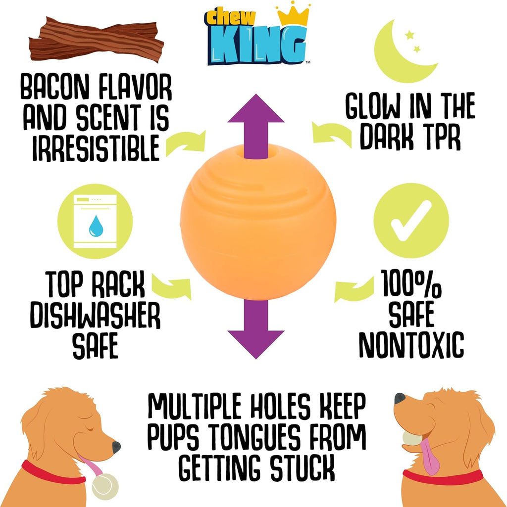 Chew King by Mammoth Bacon Flavored Dog Balls, Glow 2.5" 2-Pk