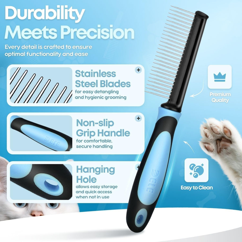 Flexzion Metal Dog Comb for Grooming and Dematting, Blue Soft-Grip Handle