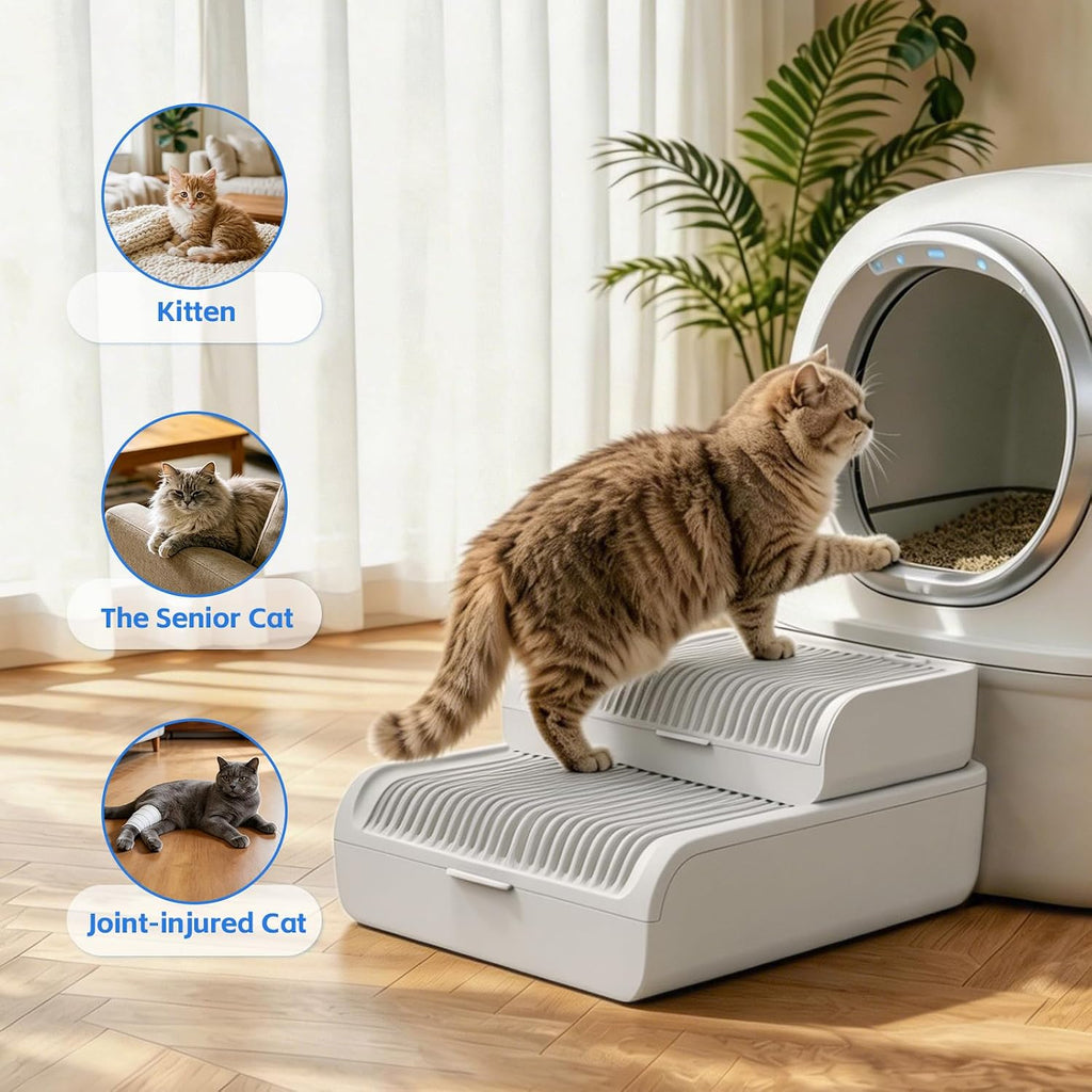 Litter Box Step for Cats, 15.2"×12.3" Wide Litter Box Ramp Non-Slip Litter Catcher Step Supports 50lbs, Adjustable 1 or 2 Stairs for Senior & Large Cats