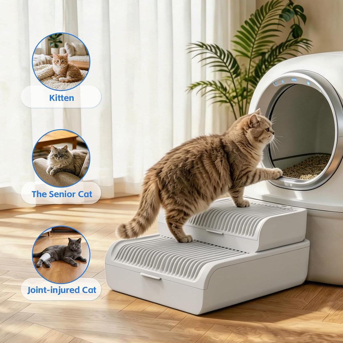 Litter Box Step for Cats, 15.2"×12.3" Wide Litter Box Ramp Non-Slip Litter Catcher Step Supports 50lbs, Adjustable 1 or 2 Stairs for Senior & Large Cats