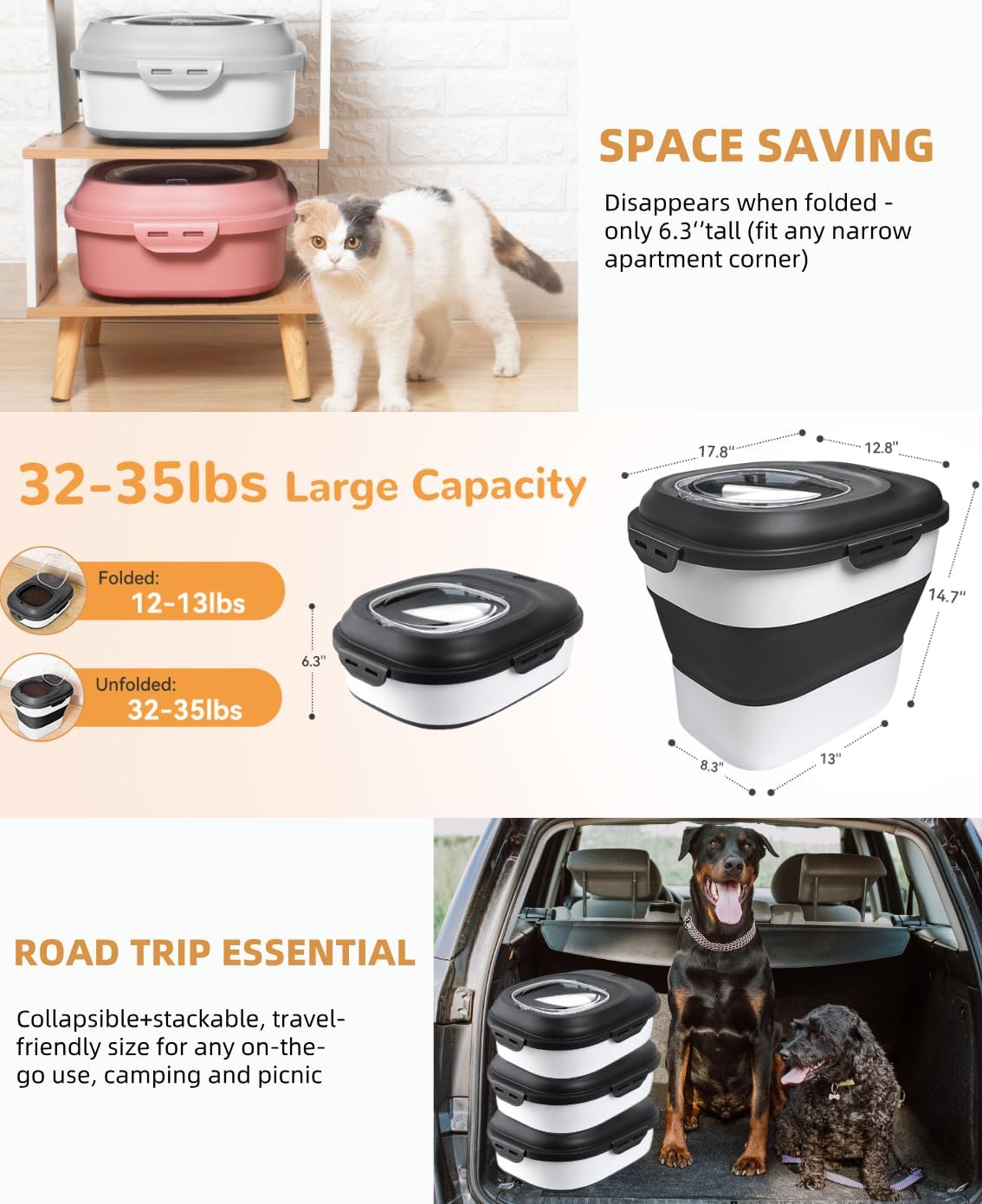 30-35 Lbs Dog Food Storage Container Collapsible Dog Food Container | Large Pet Food Storage with Airtight Lids,Wheels,Scoop and 2Pcs Food Storage Containers for Dog,Cat