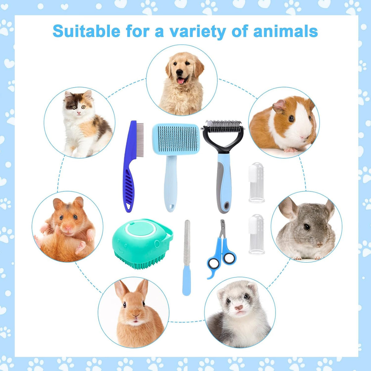 VCZONE 8 Pcs Dog Brush Grooming Kits, Includes Pet Nail Clipper and File, Flea Comb, Pet Shampoo Bath Brush, Pet Shedding Brush, Pet Dematting Comb, Silicone Toothbrush (Blue)