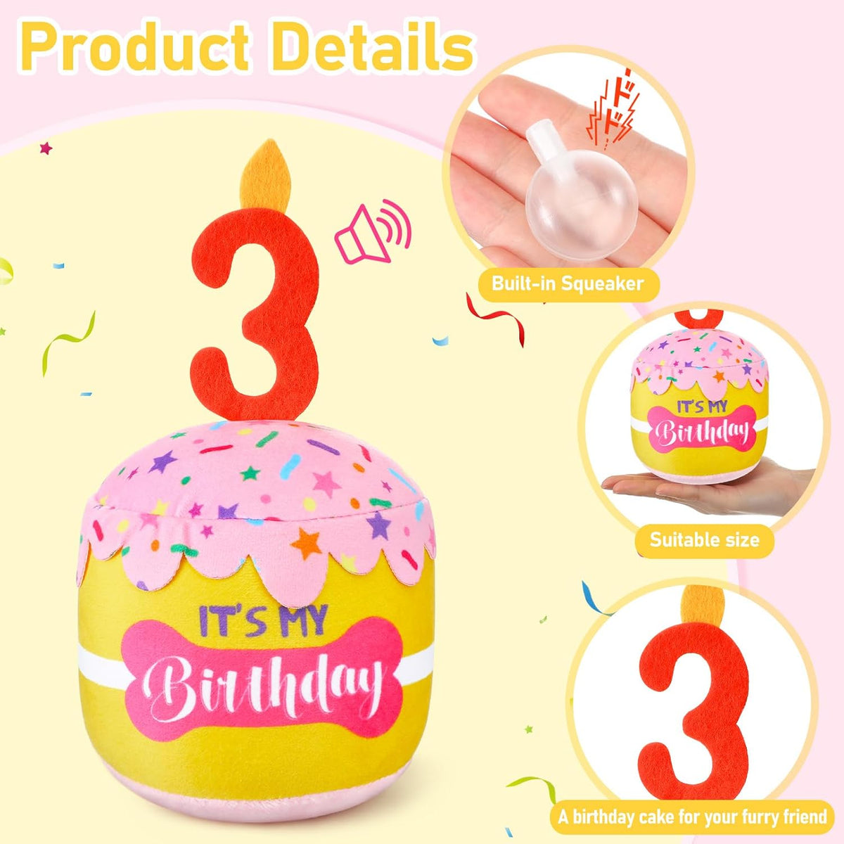 Dansydaisy Dog Birthday Cake Toy Squeaky Plush Gift,3rd,Pink and Yellow | Interactive Squeaky Gift for Dogs, Dog Birthday Decor , Soft Chew for Small Medium Large Pets, Cake Design with Candle