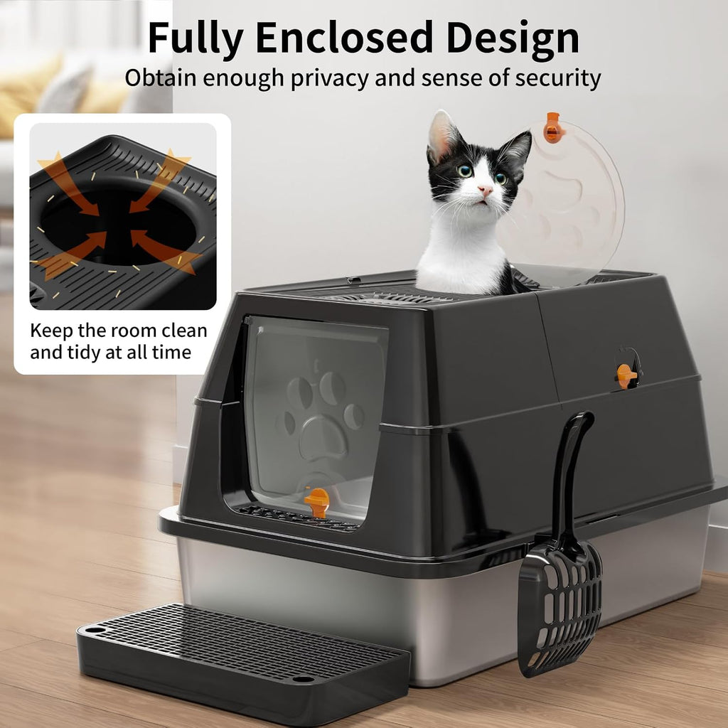 Stainless Steel Cat Litter Box with Lid, Flip-Top XL Large, Black