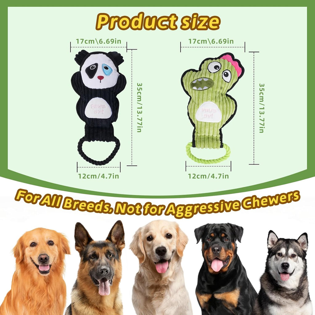 2-Pack Crinkle and Squeaky Dog Toys & Tough Tug of War Set - No Stuffing Chew-Resistant Plush Toys to Keep Them Busy, Best Birthday Gift for Small/Medium/Large Breeds (Panda & Dino)