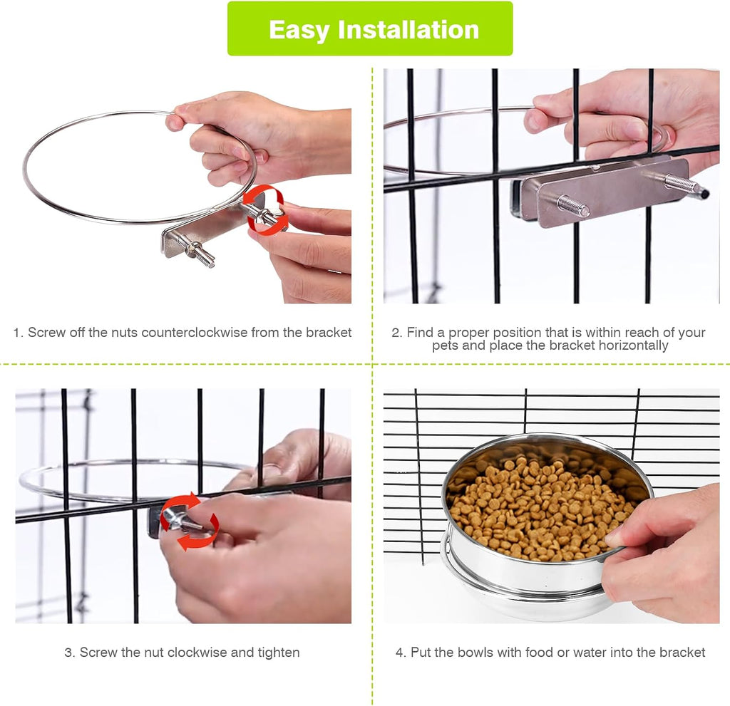 2 Pcs Stainless Steel Small Dog Crate Food Water Bowl, 19 & 12 OZ | Non-Spill, Detectable, Hanging Cage, Feeder Dish with Clamp Holder for Small Pets, Size 4.7x1.9'' & 3.9x1.7''