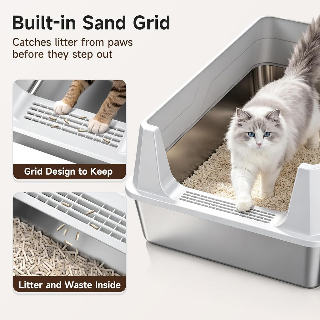 XXL Stainless Steel Cat Litter Box with High Guard Anti-Leak Scoop, Gray