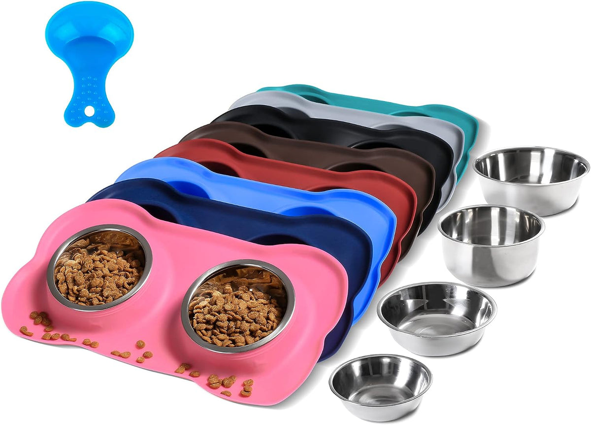 Hubulk Pet Dog Bowls 2 Stainless Steel Dog Bowl with No Spill Non-Skid Silicone Mat + Pet Food Scoop Water and Food Feeder Bowls for Feeding Small Medium Large Dogs Cats Puppies (Extra Large, Pink) 