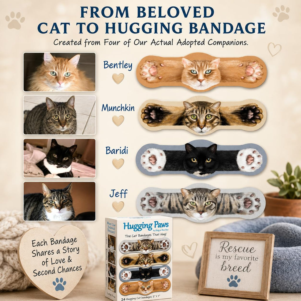 Hugging Paws – Cat Themed Bandages from Hug-a-BooBoo, The Friendly Kitty Bandages that Hug! Beautiful Wound Coverings Feature Paintings of Actual Rescue Cats! Great Cat Lover Gift! 24 Count Box