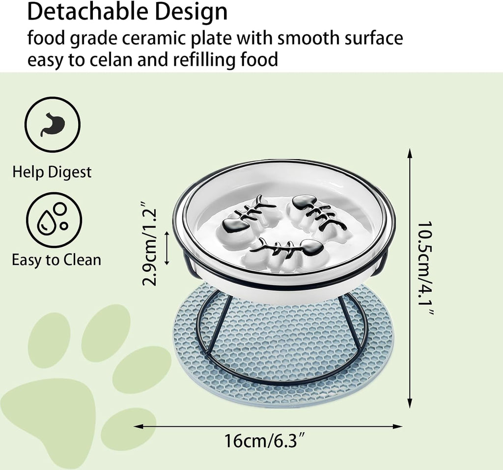 Ceramic Elevated Slow Feeder Cat Bowl, Anti Vomit, Removable Dish, Black