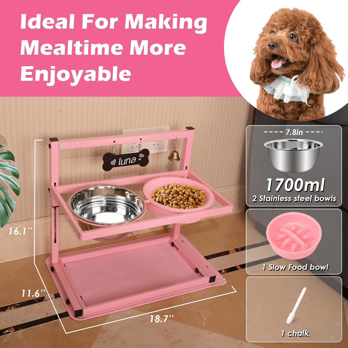 SHAINFUN Pink Elevated Dog Bowl Stand with Two 1700ml Stainless Steel Food Bowls, Slow Feeder and Spill Proof Mat, Adjustable Feeder for Large, Medium and Small Dogs